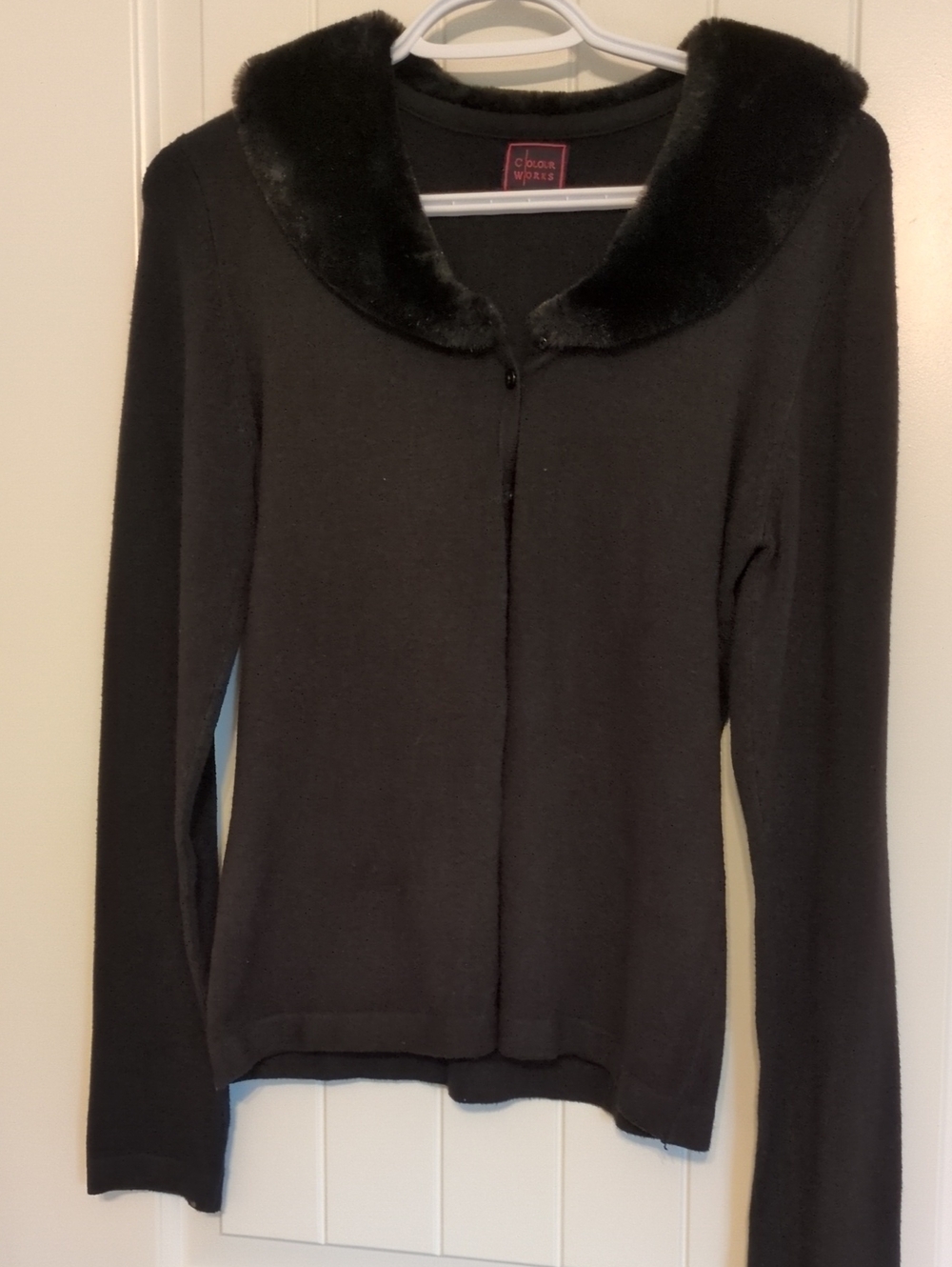 Chico's Black Faux-Fur Collar Button-Front Cardigan